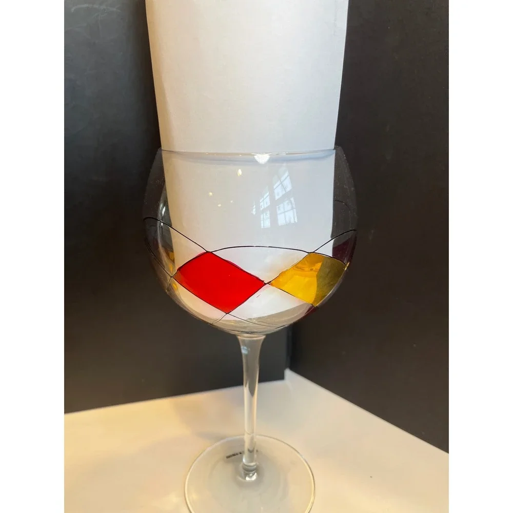 Handmade Romania Wine Glass Set 2 Red Gold Abstract Geometric Hand Painted 9in